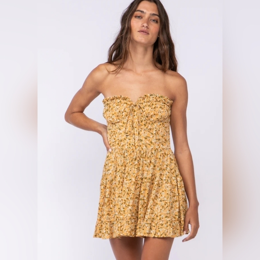 Sky To Moon Garden Charm Honey Floral Print Strapless Dress, Size M